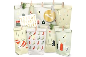 AMARI® Calendario dell'Avvento da riempire Pastell Green - 24 Sacchetti di carta (con chiodi di legno) da realizzare per Natale - Sacchetti di carta con adesivi numerici