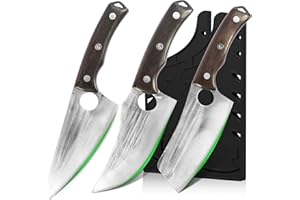 FULLHI Juego de 6 Cuchillos de Carnicero con Funda Cuchillo Deshuesador de Chef Forjado a Mano, Cuchillo para Cortar Carne de Acero al Carbono para Cocina Camping Barbacoa