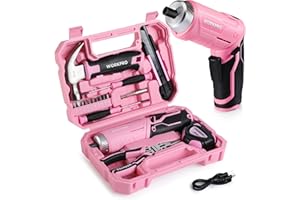 WORKPRO Zestaw narzędzi różowy 18-częściowy z wkrętarką akumulatorową USB C, mała, różowa walizka na narzędzia, do gospodarstwa domowego, zestaw narzędzi dla majsterkowiczów, dzieci, do majsterkowania