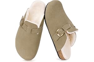 Dokela Chaussons Sabots Femmes Homme Mules Pantoufles avec Cuir Fermé Semelles Liège avec Réglable Boucle Chaussures d'hiver Doux et Chauds 36-48