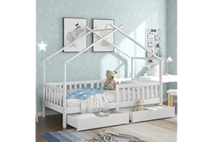 Moimhear Cama Infantil de 90 x 200 cm con protección anticaídas, Cama Juvenil de Madera Maciza en