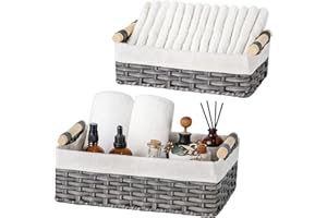 GRANNY SAYS Cestas de Mimbre, Juego de 2 Cestas de Almacenaje Decorativas para Estantes, Cestas para Papel Higiénico, Cestas de Almacenaje Tejidas Grises con Asas de Madera