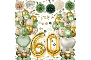 ALMAXI 60 Geburtstag Deko Männer Frauen,Geburtstagsdeko 60 Frau Mann, 60. Geburtstag Luftballons Deko Grüne Gold mit Happy Birthday Banner Pompons für Dekorationen Mehrweg