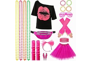 XCMVCN 80er & 90er Jahre Outfit Damen, Kostüm 80er Jahre damen für Fasching und Mottoparty mit Accessoires - (Rosa,XL)