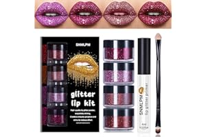 Horuili® 4 Farben Glitter Lip Kit Gloss, Metallic Shimmer Glitter Powder, Kawaii Glitter Lippenstift, mit Lip Primer und Pinsel zur Herstellung von Metallic Glitter für Lippen und Nägel