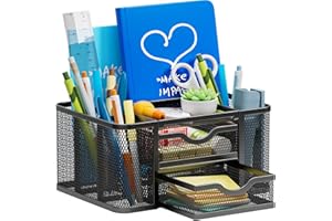 Marbrasse Organizer na Biurko,Siatkowy z 2 Szufladami, wielofunkcyjny organizer I Akcesoria na Biurko z 5 Przegrodami do Domowego Biura (Czarny)