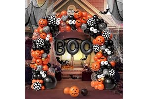 CONLEKE Halloween Balloon Garland Arch Kit - Black, Orange, Gold Eyes Balloons with BOO, 3D PVC Bats & Marble Agate for Haunted House Parties