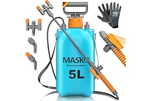 MASKO® Drucksprüher säurebeständiges Drucksprühgerät 5L Füllinhalt mit verstellbaren Düsen & 1,3m Schlauch | Sprühgerät für Pflanzenschutz, Garten & Auto | Pumpsprühflasche inkl Tragegurt & Handschuhe