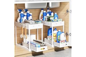 Coovee 2 Paquete Organizador Bajo Fregadero Cocina, 2 Niveles Organizador con 4 Ganchos, Gran Capacidad Extraíble Estante Almacenamiento Debajo Fregadero para cocina, baño, Blanco
