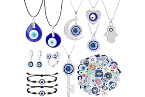 JeweBella 13 Pezzi Collana Malocchio Braccialetti Evil Eye per Donna Uomo Collana Occhio Turco Hamsa Bracciale di Protezione Turco Set di Gioielli con 50 Adesivi Malocchio Gioielli Amuleto Evil Eye