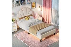 FEEOHOME Lit Enfants 90x200, lit Princesse, Cadre de lit avec tête de lit Florale et sommier à Lattes, Lit Rembourré en Velours pour Enfants, Adolescents (Beige)