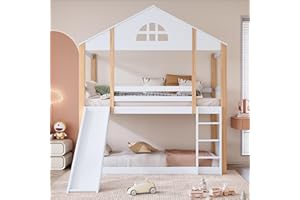 ‎DOLAMANÍ Dolamaní Hochbett mit Rutsche, Etagenbett 90x200cm mit Fenstern und Leiter, Kinderbett, Hausbett mit Zäunen und Fallschutz, Bettrahmen aus Massivholz (90x200cm, Hausform + Rutsche)
