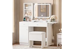 IRONCK Schminktisch mit Beleuchtung LED-Spiegel und Ladestation, Kosmetiktisch inkl. Hocker, 2 Schubladen und Aufbewahrungsschrank, Dimmbare Beleuchtung (3 Farbmodi), Für Schlafzimmer Modernes Weiß