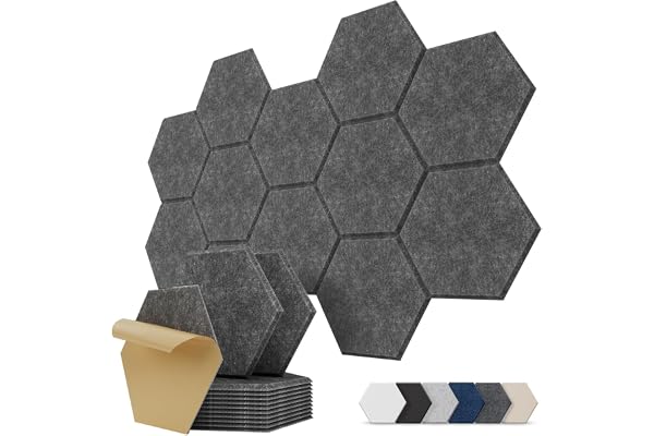 Kuchoow Hexagonala Vägg Akustikpaneler, Självhäftande, 12 st Dekorativa Ljudabsorberande Väggpaneler för Eko och Ljudreducering i Filt för Rum, Studio, Kontor, Dörr och Tak, 30×26×0,9 cm