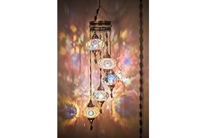 DEMMEX Lámpara de araña de mosaico turco marroquí, lámpara colgante de techo, luz de enchufe con cable de 4,5 metros, cadena y enchufe, no requiere cableado, 5 pantallas grandes, cuelga 110 cm