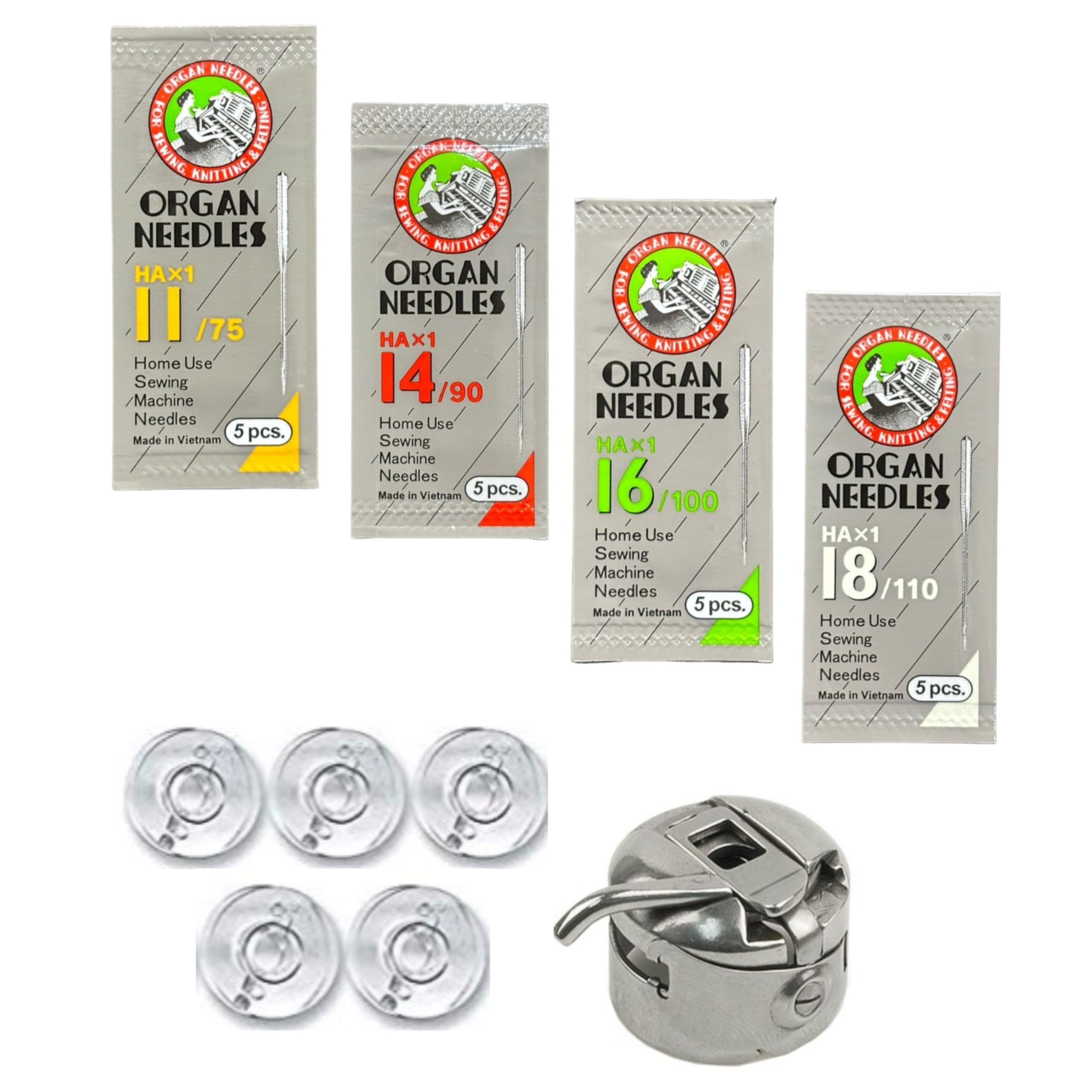 ZENITH Combo - HA 20 Needles Pack (Sizes 11, 14, 16, 18) + 1 Bobbin Case + 5 Transparent Plastic Bobbins | Compatible with Usha, Janome, Singer, Brother & Other Domestic Sewing Machines