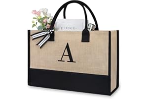 TOPDesign Initial Jute/Canvas Tote Bag, Personalized Present Bag, Suitable for Wedding, Birthday, Beach, Holiday, is a Great Gift for Women, Mom, Teachers, Friends, Bridesmaids