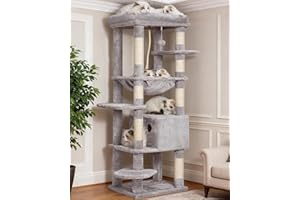 Heybly Arbre à Chat pour Gros Chats 20 lbs (9 kg) Résistant, Tour XXL 152 cm pour Chat d'Intérieur, Meuble Multi-Niveaux avec Plateforme en Peluche, Panier Doudou, Condo HCT050W