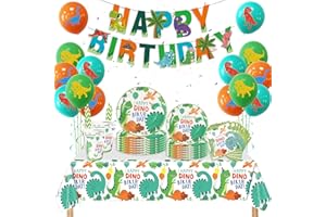 BATNITE Dinosaur Birthday Party Tableware Set - 86 Pieces Birthday Party Supplies Happy Birthday Banners Dinosaur Tablecloths Dino Plates Cups Napkins Latex Balloon for Boys Girls Kids Birthday Decor