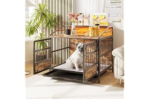 FOUBAM Hundekäfig Möbel Mit Lagerregal,Beistelltisch,Hundebox Große/Mittlere Hunde Hundehütte Indoor mit Holz Tischoberfläche,Hundehaus für Zuhause,Herausnehmbares Tablett,88x61x80cm Schwarz
