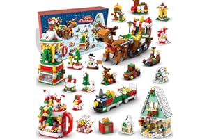 HOBUBU Christmas Advent Calendar, 24 Days Countdown Surprises for Kids Christmas Toys, Kids 6 in 1 Building Blocks, 1100 PCS Toy Playset Includes Santa Claus Christmas Tree Train House Party Boys Girls