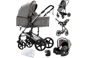 Doraystar Carro Bebe 3 Piezas, Carrito Bebe 3 en 1 con Dos Modos de Empuje Reversibles, Cochecito Tres Piezas con Capazo Grande Cómodo, Carricoche Tres Alto Paisaje (588 Grey)