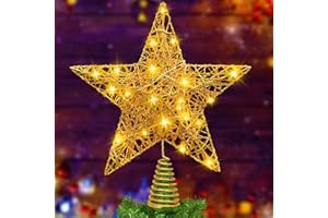 DTYDECLE Christmas Tree Topper Lighted, 11.4’’ Gold Glittered Xmas Hollow Star Treetop Toppers Ornaments with 20 LED Lights for Indoor Christmas Tree New Year Holiday Decorations