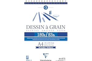 Clairefontaine 96628C Blocco Spirale lato corto Carta da Disegno a grana - 30 Fogli Carta da Disegno a Grana marcata - A4 21x29,7cm 180g - Ideale per Disegno e Schizzi a Matita Pennarello Carboncino
