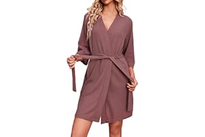 Ekouaer Bademantel für Damen Waffelstrick Morgenmantel Lässig Robe Hochzeit weich leicht knielang Loungewear S-XXL