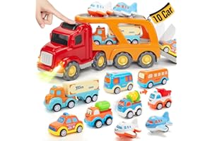 hahaland Jouet Enfant 3 Ans Petite Voiture Enfant 2 3 4 Ans, Garage Voiture Enfants 10 Pcs Camion Jouet avec Sons et Lumières, Camion Transporteur Cadeau Garçon 2 3 4 Ans