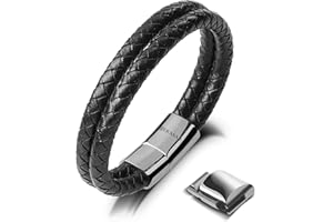 SERASAR Premium Leather Bracelet for Men - Magnetic Stainless Steel Clasp in Black, Silver and Gold - With Jewelry Box - Great Gift Idea