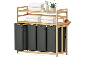 XMHome Kosz na pranie 198 l, 4 przegródki, z podwójną półką, bambusowy pojemnik na pranie z wyjmowanymi workami na pranie, oszczędność miejsca, do łazienki, sypialni, pralni, ciemnoszary