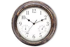 SUNOYA Gartenuhr Wetterfest, 30cm Wasserdicht Wanduhr mit Thermometer und Hygrometer, Retro Wanduhr für Drinnen Und Draußen, Außenuhren für Badezimmer Garten Küche Verandas, Ohne Tickgeräusche