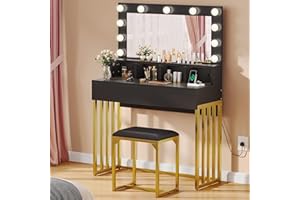 YITAHOME Dressing Table with Mirror and Stool, Vanity Table with 2 Drawers Hollywood LED Lights, Adjustable Brightness Vanity Makeup Table Makeup Desk with Metal Legs Bedroom Dressing Tables, Black