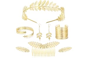 Kakonia 8 Pcs Déesse Grecque Costume Accessoires Ensemble pour Femmes Or Déesse Grecque Accessoires Ensemble Feuille Bandeau Bobine Bracelet Feuille Dangle Boucles D'oreilles Doré
