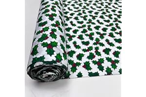 PYRHAN LTD Pyrhan Christmas Polycotton Fabric Prints | 45 Inch Wide Dress Craft Fabric Material by The Metre | Polycotton Print Used in Sewing Kit and Accessories-Quilting Fabric (45-HollyBreen-Leaves)