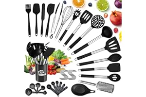 GUHAOOL Set di Utensili da Cucina In Silicone, 46 Pezzi Utensili da Cucina in Silicone Resistente al Calore Antiaderenti Utensili Cucina Set, Utensili da Cucina con Manico in Acciaio Inossidabile,Nero