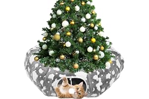 Tivray Christmas Cat Tunnels for Indoor Cats, 35'' Plush Cat Tunnel Bed Christmas Tree Skirt with Playful Ball and Circle Cushion, Foldable Peekaboo Cave, Interactive Toy, Gray&Cloud