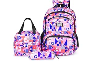 Eucomir Sac a Dos Scolaire Grand Sac avec Sac à Déjeuner et Trousse à Crayons,Cartable Fille Garcon Primaire Enfant,Sac de Voyage pour l'école, Les Loisirs,3 Pcs Sacs à Dos Rose
