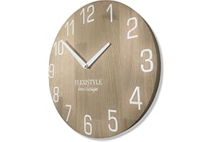 FLEXISTYLE Zegar ścienny naturalny, średnica: 100% drewno, 100% dąb, nowoczesny, do salonu, bez odgłosów tykania (30 cm, biały)