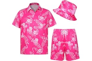 Angenster Hawaii Hemd Männer, 3 Pcs Hawaii Outfit Herren Festival Outfit mit Fischerhut Hawaihemd Shorts, Sommerhemd Herren Flamingo Floral Strandhemd Faltenfrei Urlaub Hemd Set