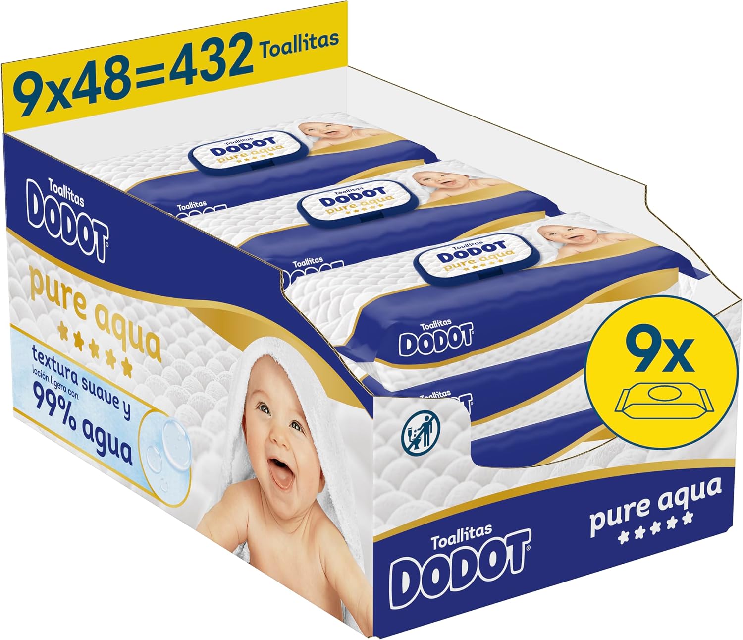 Dodot Pure Aqua Baby Wipes, 432 Wipes (9 Packs of 48 Units), Helps Restore the Natural PH of the Skin, 99% Water, Plastic Free (Packing may vary)