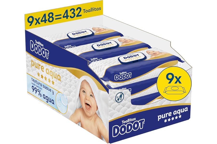 Dodot Pure Aqua Touch Toallitas Para Bebé 9 Paquetes De 48 Unidades = 432 Toallitas, Textura Suave & Loción Con 99% De Agua