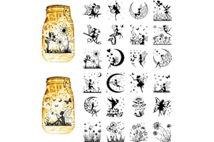 CREATCABIN 24 Stück Feen-Silhouetten,Einmachglas-Dekor,Engel,Laterne,Laserausschnitte,Ornamente,Löwenzahn,Mond,Sammelalbum Für Milchglas,Wand,Autos,Basteln,Weihnachten,Schwarz,10x9cm(Ohne Aufkleber)