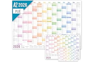 HÄFFT Calendrier mural 2026 A2 en français (59 x 42 cm) plié pour 14 mois déc 2025 - jan 2027 - avec jours fériés de la France + extra A3 & A4 - durable & respectueux au climat