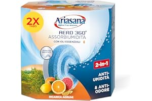 Ariasana Assorbiumidità Aero 360° Tab Agrumi Bipack, 1 Deumidificatore e 2 Tab 450g al profumo di agrumi, Assorbiumidità per la circolazione dell'aria, Deumidificatore casa contro l'umidità