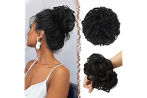 FESHFEN Chignon Postiche Cheveux Grande Postiches, Noir Naturel Bouclés Ondulés Extensions Chouchou Postiche Cheveux Naturel Faux Chignon effet decoiffe Elastique pour Femme, 55g