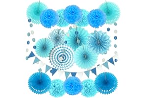 ZERODECO Party Decoration, 21 Pcs Blue Hanging Paper Fans, Pom Poms Flowers, Garlands String Polka Dot and Triangle Bunting Flags for Boy Birthday Parties, Bridal Showers, Baby Showers, Wedding