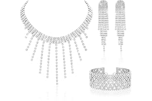 Kakonia Crystal Jewellery Set Rhinestone Choker Necklace Stretch Bangle Bracelet Rhinestone Tassel Dangle Earrings Party Costume Jewellery for Women Bridal Jewellery Set for Wedding Prom
