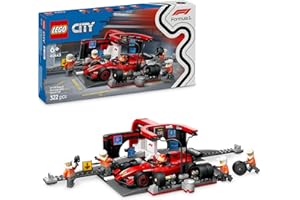 LEGO City Pit Stop e Meccanici con Monoposto Ferrari F1 - Kit Officina da Costruire con Macchina Giocattolo, Minifigure e Accessori, Giochi per Bambini da 6 Anni Fan delle Auto da Corsa Sportive 60443